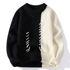 Pull asymétrique à col ras du cou pour femme, avec blocs de couleurs, à lacets, manches longues, tricot épais, vêtements d'hiver - Product Image 1