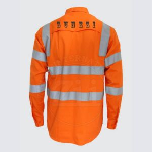 Camisas de seguridad rojas FR de triple costura con botones a presión y tiras reflectantes de alta visibilidad, hechas a medida, de algodón FR, ignífugas para soldadura. - Product Image 3