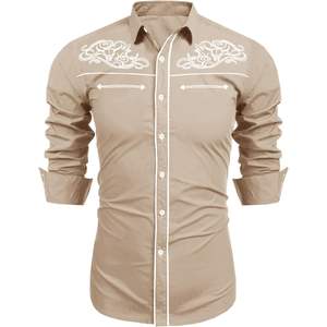 2025 camisa de vestir de vaquero occidental para hombre 100% algodón tejido manga larga botón bordado Casual Slim Fit estilo Vintage ODM - Product Image 3