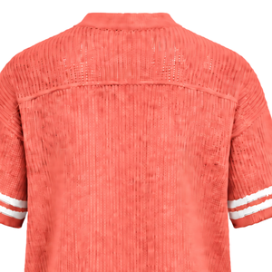 Maillot de sport rayé à col en V tricoté sur mesure rouge corail, à manches courtes, respirant, coupe oversize, décontracté, pour équipe sportive - Product Image 5