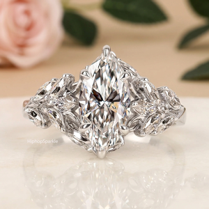 Luxury <b>Silver</b> Marquise Cut <b>Ring</b> with Floral Leaf Side Design and Round Accent Stones Elegant <b>Statement</b> Fine Jewelry Bridal <b>Rings</b> - Product Image 1