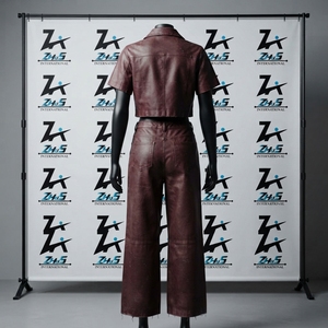 Manufacturer Clothing Wholesale PU Leather Crop Top & Wide Leg Pants <b>Burgundy</b> Faux Leather Two Piece Vintage Tracksuit Set - Product Image 2