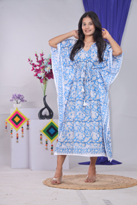 Blue Floral Block Print 100% Cotton Eco-Friendly <b>Kaftan</b> Dress Women's V-Neck Batwing Sleeve Knee-Length Loose Fit Formal - Product Image 3