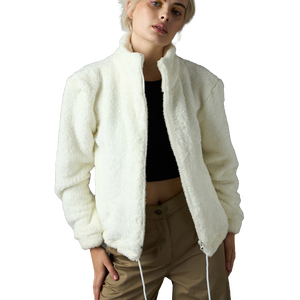 Veste polaire pour femme, col montant, manches longues, fermeture éclair, épaisse, chaude, hiver, couleur unie, longueur courte, polyester, fausse fourrure sherpa - Product Image 1