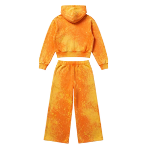 <b>Womens</b> orange Acid Wash Zip Up Hoodie and Wide Leg <b>Sweatpants</b> Two Piece Streetwear Tracksuit Set Wholesale Casual Loungewear - Product Image 2