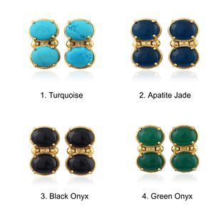 Boucles d'oreilles minimalistes ovales en turquoise bleue, double pierre précieuse, en laiton plaqué or 18 carats, bijoux de créateur tendance. - Product Image 2