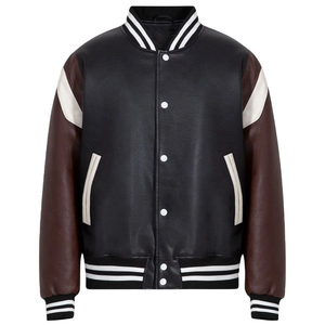 Veste universitaire en PU noire et marron pour homme, col rabattu, boutonnée, style décontracté, pour l'automne - Product Image 1