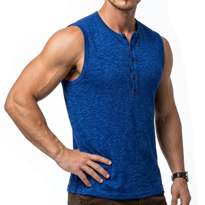 Wholesale Men's Customizable Sleeveless Henley Stylish Casual Wear Tank Top Muscle Fit Button Front Breathable <b>Vest</b> OEM Tank Top - Product Image 5