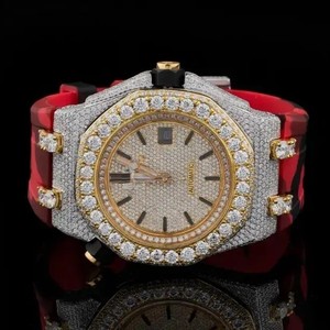 Luxury Men's Diamond Encrusted Gold <b>Watch</b> Analog Quartz Red Rubber Band 43mm Polygon <b>Case</b> Sapphire Crystal Date Display - Product Image 1