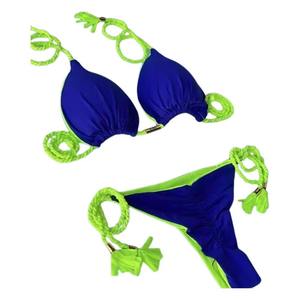 Blue and Green Solid Casual Knitted Quick Dry Polyester <b>Bikini</b> Set with Adjustable Straps - Product Image 1