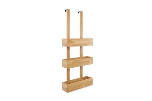 Organisateur de salle de bain moderne en teck massif à suspendre sur la porte avec trois étagères ouvertes, support de rangement gain de place pour accessoires de salle de bain - Product Image 3