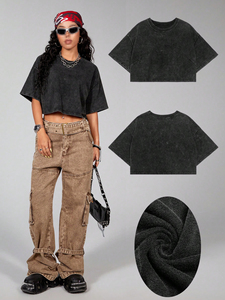 Vintage Acid Wash Black Crop Top Women's Shirts Custom Logo Drop Shoulder Boxy Fit Heavyweight & <b>Ring</b> Spun Cotton Tee Streetwear - Product Image 3