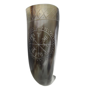 Authentique artisanat indien Viking corne à boire Tankard poli sculpté support naturel avec décoration de style animal - Product Image 1