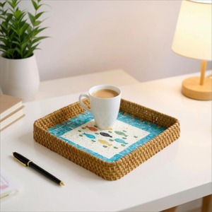 Colorful Mosaic Rattan <b>Serving</b> Tray <b>Set</b> Perfect For Coffee Tea Snacks Kitchen And Dining Table Decor Wholesale From India - Product Image 6