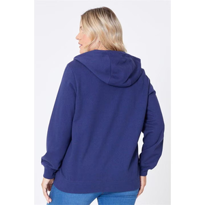Sweat à capuche zippé pour femme, bleu marine, avec logo personnalisé, en tissu épais, style décontracté et sportif, avec cordon de serrage long, fabriqué sur mesure par Twin City - Product Image 2
