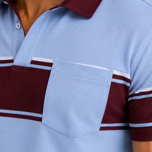 Ensemble polo et short pour homme bleu ciel et bordeaux, motif rayé avec poches, tenue décontractée d'été deux pièces, logo personnalisé, qualité supérieure - Product Image 6