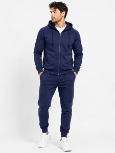 Men's Navy <b>Hooded</b> Tracksuit Set Full <b>Zip</b> Jogger Pants Solid Color Casual Sportswear Breathable Polyester Regular Fit Autumn Wear - Product Image 2