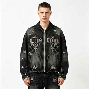 Chaqueta Bomber Corta con Cremallera, Estilo Desgastado, con Gráfico de Bordado de Cruz Gótica Oscura Kornit DTG, con Detalles Deshilachados y Agujeros, Corte Holgado, Estilo Urbano - Product Image 5
