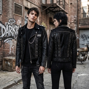Wholesale Mens Genuine Leather <b>Jacket</b> Custom Cow Hair On Hide Panels Studded Biker Coat Symmetrical Lace Up <b>Punk</b> Outwear - Product Image 5