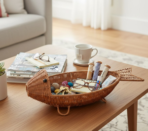 Panier de rangement en rotin naturel fait main en forme de poisson pour fruits, collations et décoration intérieure, fabriqué au Vietnam - Product Image 1