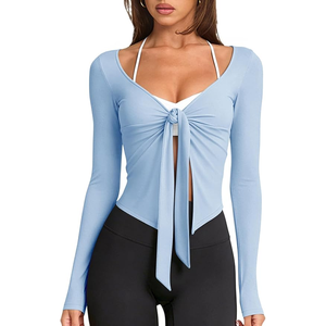 <b>Women</b> Light Blue <b>Long</b> Sleeve Yoga <b>Top</b> Criss Cross Neck Solid Color Breathable Activewear Full Sleeve Fitness Shirt - Product Image 3