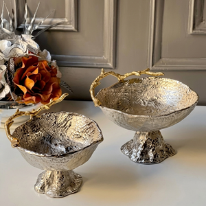 Luxury <b>Hand</b>-<b>Cast</b> Metal Pedestal Bowl Hammered Bark Texture Fruit Dish with Gold Branch Handle Decorative Centerpiece Living Room - Product Image 3