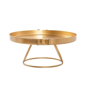 Elegant Gold <b>Cake</b> <b>Stand</b> Featuring A Shallow Round Tray With Raised Edges Side Handles & A Unique Geometric Wire Base For Serving - Product Image 2