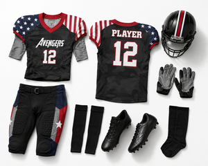 Conjunto de Uniforme de Fútbol Americano de los Vengadores, Jersey Sublimado Negro con Cuello en V y Patrón de Bandera para Hombre, con Protecciones, Estilo Ajustado - Product Image 6