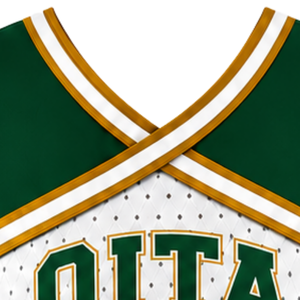 Haut court de cheerleading vert forêt et or blanc pour femme, sans manches, col en V, uniforme de performance athlétique pour équipe de cheerleading, vêtements de sport - Product Image 6
