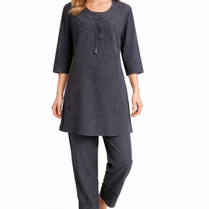 Conjunto de Dos Piezas de Viscosa Bordada para Mujer, Top y Pantalones Casuales de Cuello Redondo, Fabricante - Product Image 1