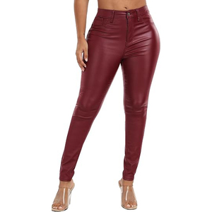Pantalones Rectos de Cintura Alta para Mujer, de Cuero Sintético, Color Sólido, Largos, Ajustados, Elásticos, Estilo Club, para Otoño - Product Image 2