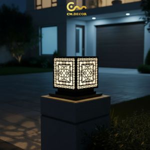 Lampe de poteau LED géométrique de luxe, lanterne extérieure en acier noir de 8 pouces pour villa, lampe de colonne d'entrée blanc chaud 220V - Product Image 2