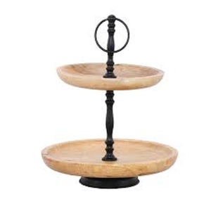 Soporte de Pastel de Madera de Dos Niveles, Bandeja de Servir Multicapa Hecha a Mano, Base de Metal Negro, Diseño Elegante, Decoración, Soporte de Pastel de Metal y Madera - Product Image 1