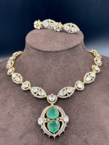 Amaira Jewels Classic 18K Gold Plated Ethnic Statement <b>Pendant</b> Necklace Green <b>Emeralds</b> Pear Cut Cubic Zirconia Women's - Product Image 5