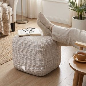 Water Hyacinth Pouf Square Ottoman Handwoven <b>Decorative</b> Stool Modern Minimalist Rustic Multi-Functional Bohemian <b>Moroccan</b> Home - Product Image 2