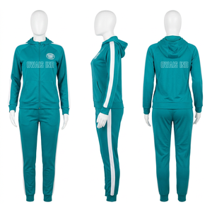Ensemble de survêtement bleu clair 2 pièces pour femme, veste zippée à col montant, pantalon à rayures avec imprimé lettres, tenue sportive décontractée - Product Image 4