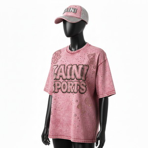 <b>Women</b> Acid Wash T Shirt Quality GSM Cotton Vintage <b>Pink</b> Soft Feel Rhinestone Printed Custom Logo <b>Women</b> Acid Wash T Shirts Cotton - Product Image 4