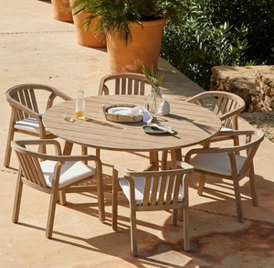 Premium Solid Teak Wood Outdoor Dining <b>Set</b> Round <b>Garden</b> Table with 6 Curved Armchairs - Product Image 1