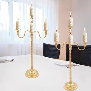 Ornate brass finish five arm <b>candelabra</b> showcasing an intricate scrolling leaf filigree, available at wholesale prices. - Product Image 6