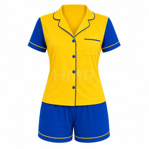 Conjunto de Pijama de Manga Corta Amarillo y Azul de la Hermandad HMR, Ropa de Dormir Informal de Algodón con Botones al Frente, Ropa de Verano - Product Image 1