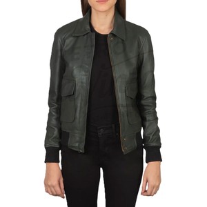 Women's <b>Leather</b> Women Dark Green <b>Real</b> <b>Leather</b> <b>Jacket</b> Shirt Collar Slim Fit Premium Cow Skin Casual Winter Bomber Style Outerwear - Product Image 1