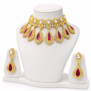 ชุดสร้อยคอทองคำขาว 925 ชุบทอง ประดับด้วย Kundan สีแดง ดีไซน์ Polki สำหรับผู้หญิง เหมาะสำหรับงานแต่งงาน งานเลี้ยง และเป็นของขวัญ - Product Image 3