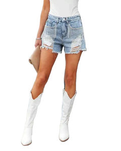 Shorts de mezclilla rectos de cintura alta ecológicos de verano para mujer, casuales, lavados, rasgados, ajustados - Product Image 6