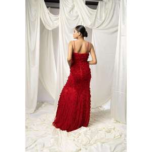 Luxury <b>Red</b> Mermaid Evening Gown | Spaghetti Strap Embroidery Stretch | Fabric Elegant Fit Floor Length | Formal Dress Party Wear - Product Image 2