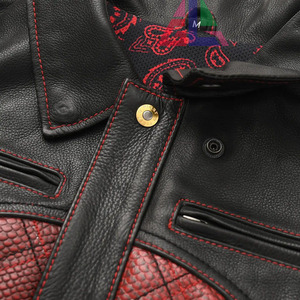 <b>Men's</b> Motorcycle <b>Leather</b> <b>Jacket</b> Red Diamond Quilted Body Black Sleeves Shirt Collar Button Snaps - Product Image 3