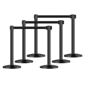 Set di 6 Pali Neri per il Controllo della Folla con Cinghie Retrattili e Base Cava a Iniezione di Sabbia per Teatri e Arredi per il Controllo della Folla - Product Image 1