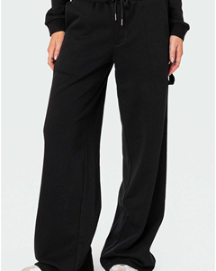 Pantalon d'été taille haute pour femme, coupe large, en coton éponge noir, ample, longueur intégrale, décontracté, séchage rapide, respirant, avec poches, élastique - Product Image 4