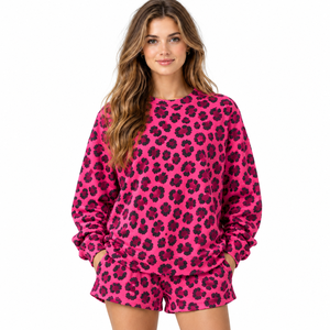 Ensemble short et sweat-shirt à col rond pour femme, coupe ample, manches longues, short décontracté assorti, style streetwear élégant pour tous les jours - Product Image 1
