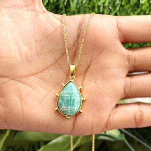 Custom design jewelry necklace natural amazonite cabochon stone teardrop pendant 18k gold plated <b>beaded</b> designer women necklaces - Product Image 3