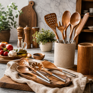 Juego de 10 utensilios de madera de acacia - Diseño clásico, cucharas antiadherentes con mango largo de metal, ecológicos, regalo de boda, pulidos con cera - Product Image 3